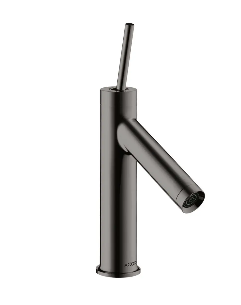 Ein Einhebel-Waschtischmischer von AXOR mit einem geraden Auslauf und einem integrierten Pingriff. Die Oberfläche ist in Polished Black Chrome gehalten.